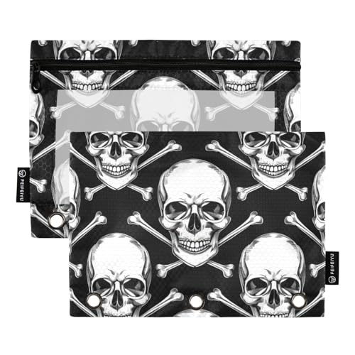 Federmäppchen für 3-Ringbuch, Totenkopf-Kopf, schwarz, Federmäppchen, Kosmetiktasche mit Reißverschluss, transparentes Fenster, für Büro, Reisen, Kosmetik, 2 Stück, Totenkopf schwarz, one sizex2, Federmäppchen für 3-Ringbuch, Totenkopf-Kopf, schwarz, Federmäppchen, Kosmetiktasche mit Reißverschluss, transparentes Fenster, für Büro, Reisen, Kosmetik, 2 Stück, Totenkopf schwarz, one sizex2, von Generisch