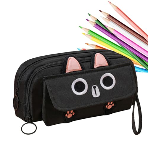 Federmäppchen mit Katzenmotiv, niedliches besticktes Katzen-Federmäppchen für Mädchen, mit Reißverschluss, Schreibtisch-Organizer, ästhetisches Federmäppchen, Schreibwaren-Box für Haftnotizen, Schwarz Federmäppchen mit Katzenmotiv, niedliches besticktes Katzen-Federmäppchen für Mädchen, mit Reißverschluss, Schreibtisch-Organizer, ästhetisches Federmäppchen, Schreibwaren-Box für Haftnotizen, Schwarz von Generisch