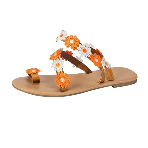 Flache Damen-Sandalen, elegante Schuhe, Outdoor, Strand, offener Zehenbereich, T-Steg, Slingback, elastische Riemchensandalen, JH1045, Orange, 36 EU von Generisch