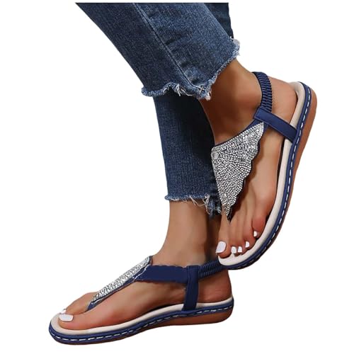 Flache Damensandalen, lässig, glitzernde Strass-Riemchensandalen, Clip-Toe-Slip-Absatz-Sandalen Wasserfeste Schuhe Damen Gefüttert (Blue, 37) von Generisch