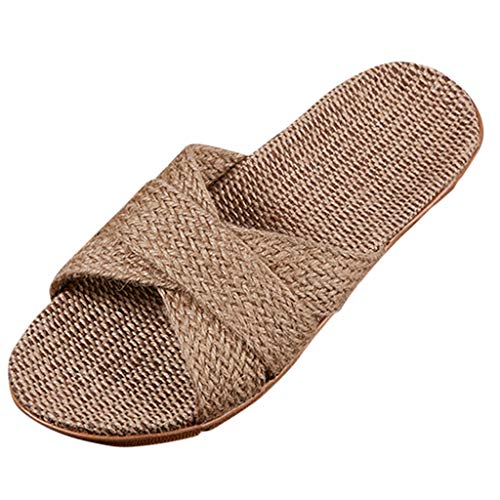 Flache Leinensandalen für Damen/Herren, zum Reinschlüpfen, für Zuhause, Paare, Kreuzriemen, Schlafzimmer, Hausschuhe, leichte Hausschuhe für Gäste, Reisen, Hausschuhe mit offenem Zehenbereich, khaki, von Generisch