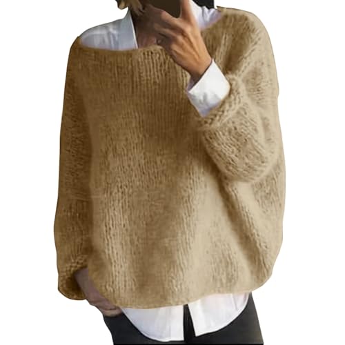 Fledermaus-Pullover für Damen, Zopfstrickpullover, flauschiger Plüschpullover, Langarm-Tops für Damen, Basic, flauschiger Plüschpullover, schulterfrei, U-Boot-Ausschnitt, Strickpullover, khaki, 36 Fledermaus-Pullover für Damen, Zopfstrickpullover, flauschiger Plüschpullover, Langarm-Tops für Damen, Basic, flauschiger Plüschpullover, schulterfrei, U-Boot-Ausschnitt, Strickpullover, khaki, 36 von Generisch