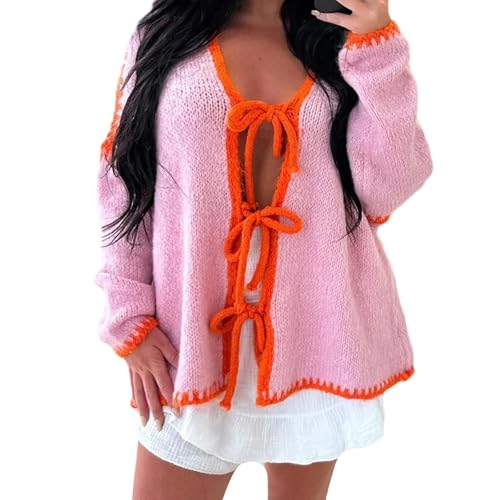 Fleece-Thermojacke, schwerer Pullover 2024, neue Damen-Strickjacke mit Schleife, einfarbig, V-Ausschnitt, Grobstrick, lange Puffärmel, lockere Strickwaren, Fleece-Strumpfhose für Damen, hot pink, M Fleece-Thermojacke, schwerer Pullover 2024, neue Damen-Strickjacke mit Schleife, einfarbig, V-Ausschnitt, Grobstrick, lange Puffärmel, lockere Strickwaren, Fleece-Strumpfhose für Damen, hot pink, M von Generisch
