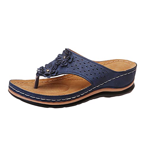 Flip-Flops für Damen, Bohemian-Stil, Flip-Flops, Sommer, Damen, mit abgeschrägtem Absatz, bequem, bequem, römische Sandalen mit Unterstützung, für Sommer, Strandsandalen, blau, 40.5 EU von Generisch