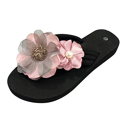 Flipflopsandalen Damen Hochzeit - Zehentrenner Damen Schwarz Elegant Dicke Sohle Flip Flops Mit Blumen Bench Slides Leicht Strandsandalen Rutschfest Badeschlappen Lässige Sandalen Boho Sandalen von Generisch