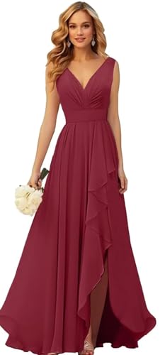 Frauen V-Ausschnitt Chiffon Brautjungfer Kleider Seite Schlitz RüSche Plissierte Formelle Abschlussball Party Kleid Lange Formelle Abendkleid Desert Rose L von Generisch