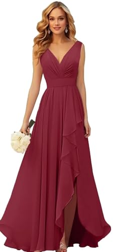 Frauen V-Ausschnitt Chiffon Brautjungfer Kleider Seite Schlitz RüSche Plissierte Formelle Abschlussball Party Kleid Lange Formelle Abendkleid Desert Rose M von Generisch