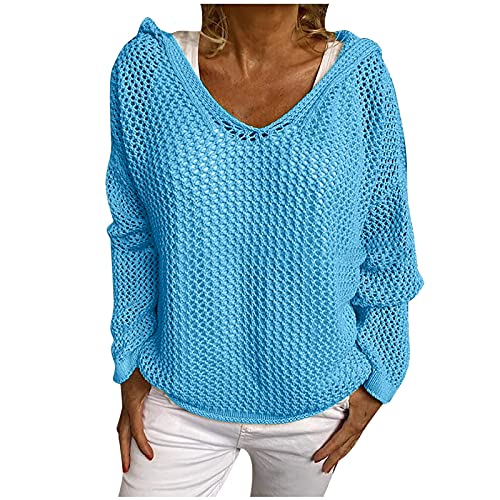 Frühling Damen Pullover, Woll Strickpullover mit Sonnenschutz Kapuze dünner locker sitzender Pullover, modischer durchbrochener Netzpullover Lässig Schmal von Generisch