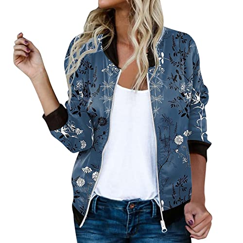 Frühlingsjacke Damen Kurze Blouson Sommer Jacke Leichte Jacke Sommerjacke College Casual Pilotenjacke Herbst Jacket Mädchen Rote Jacke Langarm Outwear Zip Up Solid Leichte Sweatjacke Coat Blau S von Generisch