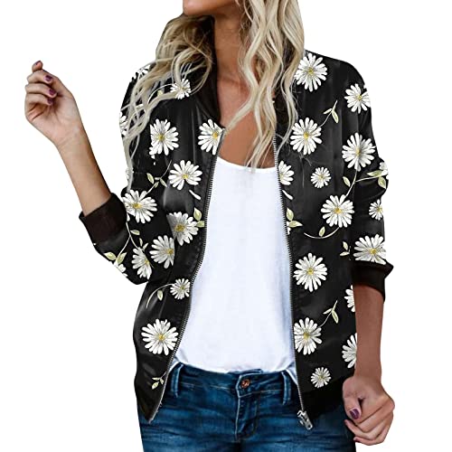 Frühlingsjacke Damen Kurze Blouson Sommer Jacke Leichte Jacke Sommerjacke College Casual Pilotenjacke Herbst Jacket Mädchen Rote Jacke Langarm Outwear Zip Up Solid Leichte Sweatjacke Coat Schwarz#01 L von Generisch