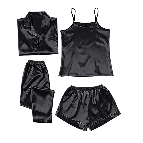 Generisch 4-teiliges Damen-Pyjama-Set aus Satin und Seide mit Langen Ärmeln und Knopfleiste Transparente Damen Blusen (Black, XL) von Generisch