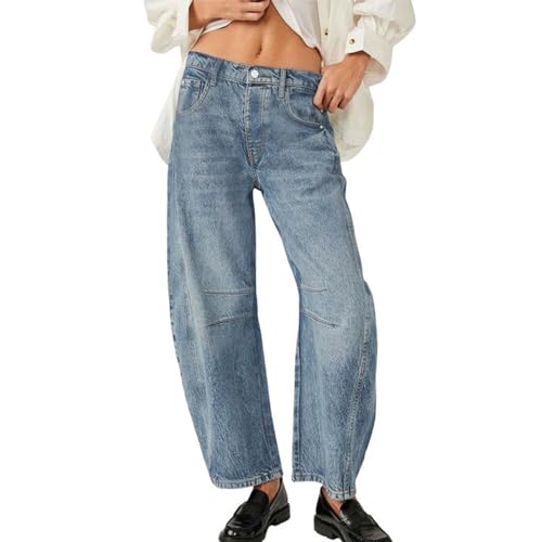 Generisch Barrel Jeans Damen Baggy Weites Bein Mid Waist Balloon Horseshoe Jeanshose Cropped Raw Hem Boyfriend Jeans Damen Locker Teenager Mädchen Lässig Streetwear Denim Hose Sommer von Generisch