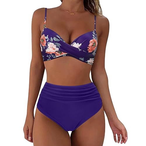 Generisch Bikini Damen Set Push Up Sexy V Ausschnitt Große Brüste Bademode Bauchweg Zweiteiler Damen Sommer High Waist Bikini Teenager Mädchen überkreuztes Blumenmuster Bikini-Sets Swimsuit von Generisch