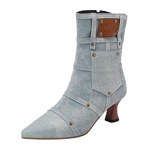 Generisch Damen Boot Stiefelette Übergangsstiefel Halbhohe Knöchelschuhe Mittlere Stiefel Echtleder mit Schnalle Blockabsätze von Generisch