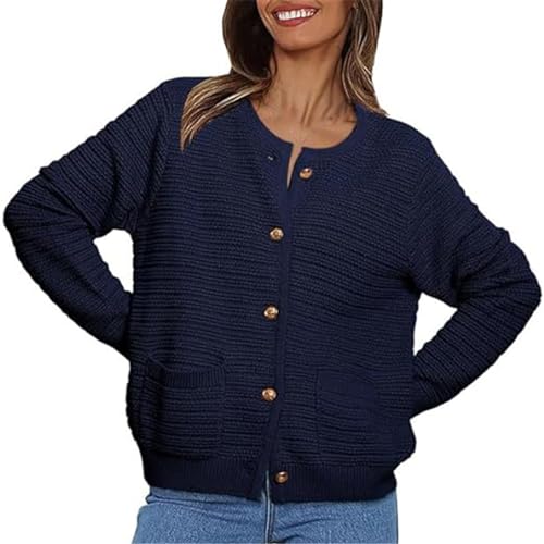 Generisch Damen-Cardigan mit Rundhalsausschnitt und Knöpfen, kurze Pulloverjacke mit Taschen Strickpullover Damen 34 (Blue, XL) von Generisch
