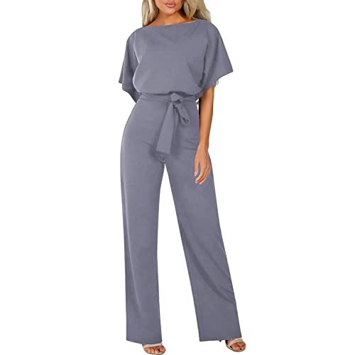 Generisch Damen Elegant Jumpsuit O-Ausschnitt Lang Overall Hosenanzug Playsuit Romper mit Gürtel Festlich Weites Bein Playsuit von Generisch