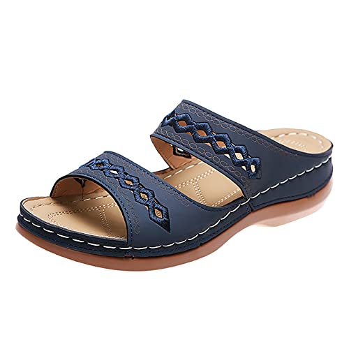 Generisch Damen Pantoletten Damen Orthopädische Sandalen Vintage Schlappen Sommer Toe Hausschuhe Keil PU- Pantoffeln Gummi Plateau Pantoffeln Freizeit Strandschuhe (Dark Blue, 41) von Generisch