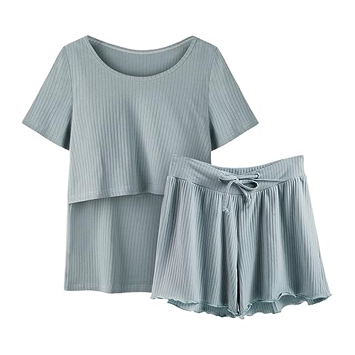 Generisch Damen-Pyjama, Schlafanzug, Ärmel, Nachtwäsche, Stillen, Shirt und Set, Baby, Umstands-Top, kurze Hose, Umstandspyjama mit Robe, grün, 46 von Generisch