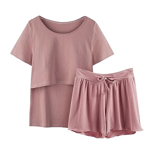 Generisch Damen-Pyjama, Schlafanzug, Ärmel, Nachtwäsche, Stillen, Shirt und Set, Baby, Umstands-Top, kurze Hose, Umstandspyjama mit Robe, wassermelone, 42 von Generisch