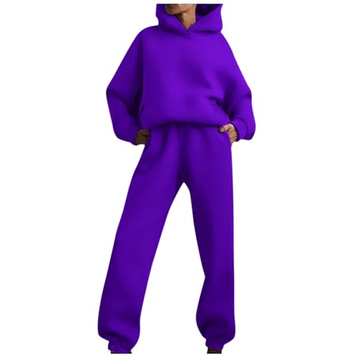 Generisch Damen Trainingsanzug Set, Jogginganzug Mode Solide Farbe Baumwolle Jogginghose Sport Zweiteiliges Set Sweatshirt Mit Kapuze Schlafanzug Oberteil Langarm Fitness Set Hoodie (L, Dark Purple) von Generisch