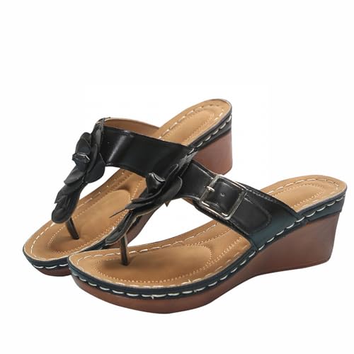 Generisch Damenschuhe Sommerschuhe Mit Absatz Retro-Sandalen aus massivem mit dekorativer und offener Zehenpartie und dicker Sohle Schuhe Damen Rot Blau (Black, 40) von Generisch