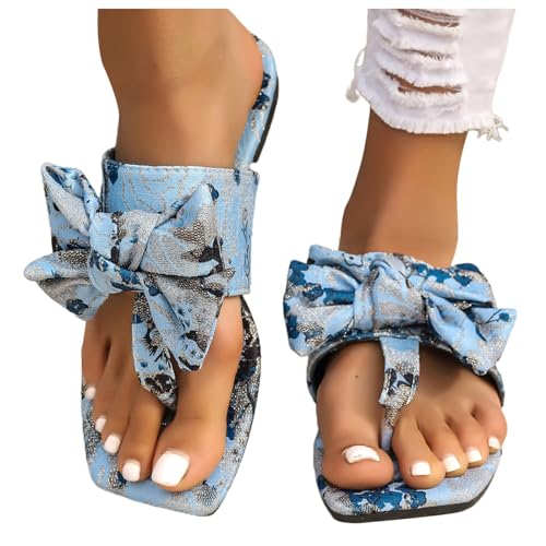 Generisch Flach Sandalen für Damen Böhmen Slip-On Schleife Bunt Strandschuhe Outdoor Open Toe Atmungsaktive Sandalen Flach Aesthetic Plissee Sommerschuhe Zehentrenner Flip Flop von Generisch