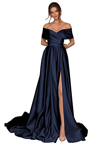 Generisch Frauen Aus Die Schulter Ballkleider Lange Satin Brautjungfernkleider Korsett Hoher Schlitz Formelle Party Abendkleid mit Taschen Navy Blue XS von Generisch