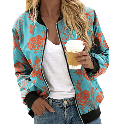 Generisch Frühlingsjacke Damen Kurze Blouson Sommer Jacke Leichte Jacke Sommerjacke College Casual Pilotenjacke Herbst Jacket Mädchen Rote Jacke Langarm Outwear Leichte Sweatjacke Coat Hellblau#01 XL von Generisch