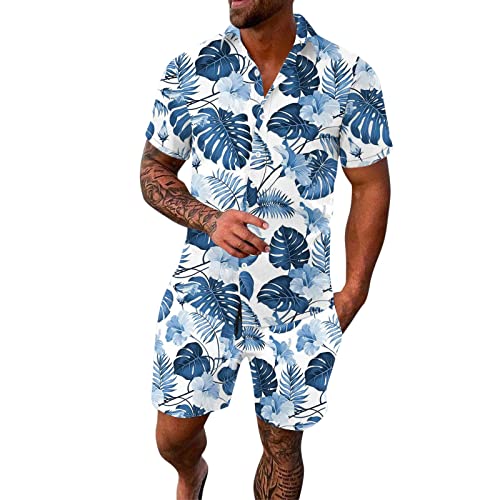 Generisch Hawaii-Set für Herren, lässig, Knopfleiste, 2-teilig, Blumenmuster, bedrucktes Sommerhemd für den Urlaub Rave Outfit Herren Hemd Herren Langarm Sommerhemd von Generisch