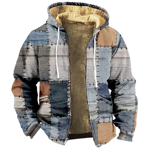 Generisch Holzfällerhemd Mit Kapuze Jacke Herren, Kariertes Winterjacke Thermohemd Fleece Gefüttert Freizeit Arbeitsjacke Herren Kariert Flanell Hemdjacke Kaputze Reißverschluss (XL, Blau) von Generisch