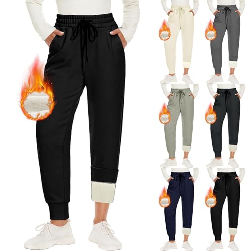 Generisch Jogginghose Damen Warme Gefütterte mit 2 Taschen Kordelzug Winter Fleece High Waist Lange Sportleggins Trainingshose Freizeithose Sweathose von Generisch