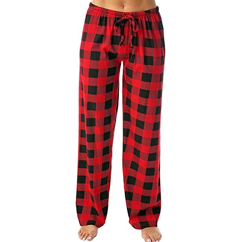 Generisch Schlafanzughose Damen Lang Flanell Baumwolle Karierte Pyjamahose Flanell Pyjama Damen Winter Hose Schlafhose Freizeithose Strandhose mit Taschen Kordelzug von Generisch