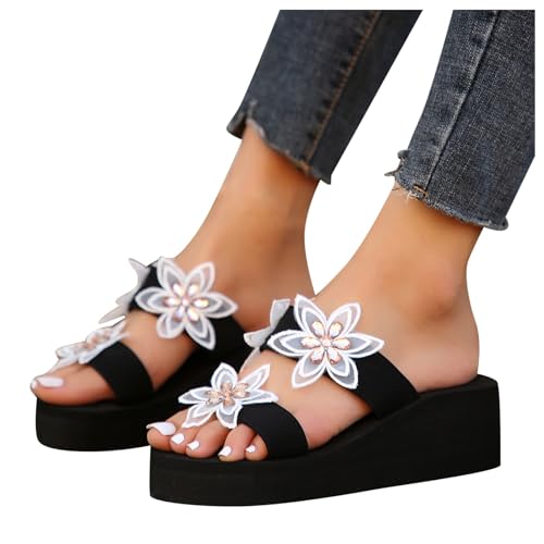 Generisch Keilabsatz Flip Flops Damen Elegant Sandalen Mit Blumen Zehentrenner Sommer Hausschuhe Flach Badelatschen Leicht Slides Sandalen Strandschuhe Bequem Keilsandaletten Casual Outdoor Slipper von Generisch