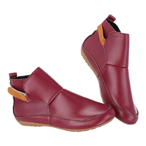 Generisch Kellner Schuhe Für Damen Damen Vintage Lederstiefel, flache Schuhe, Winterstiefel mit runder Zehenpartie Damen Fitness Schuhe 39 (Red, 35) von Generisch