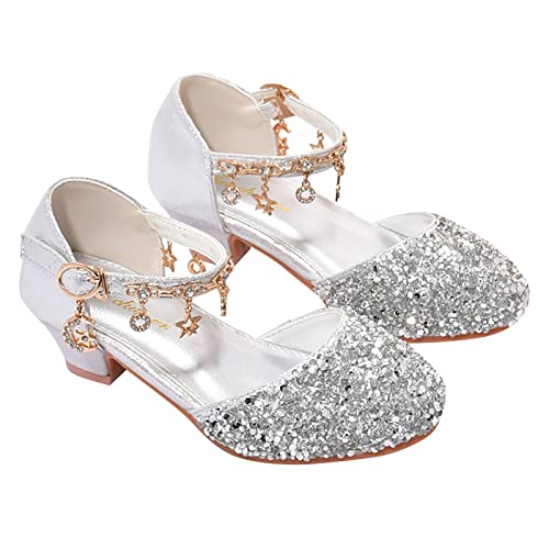 Generisch Kinderschuhe Mädchen Kleidschuhe mit niedrigem Absatz, Strass, Bögen, niedriger Absatz, Prinzessin, Hochzeitsfeier für, Sandalen Kinder 35 (Silver, 33 Big Kids) von Generisch