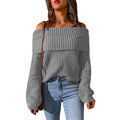 Generisch Pullover Baumwolle Damen, Casual Oversize Strick Pullove Langarm Elegant Leckage Schulter Kragen Vintage Chunky Winter Pullover Hausanzug Damen Kuschelig Sweatshirt Hoodie (XL, Grau) von Generisch