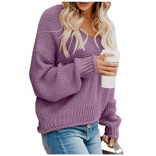 Generisch Pullover Damen Herbst, Casual Fashion V-Ausschnitt Solide Farbe Langarm Pullover Shirt Tops Winter Für Roter Pullover Strick Hoody Warm Hoddys Mit Kapuze Pullover Sweatshirt (XL, Lila) von Generisch