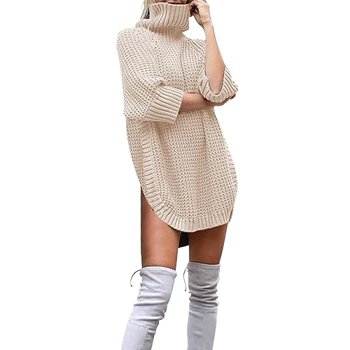 Generisch Pulloverkleid Damen Elegant Einfarbig Rollkragen Strickpullover Winter Lang Strickkleider Tunika Pullikleid Bequem Warm Langarm Pullover Winterkleid Partykleid(B Beige,XXL) von Generisch