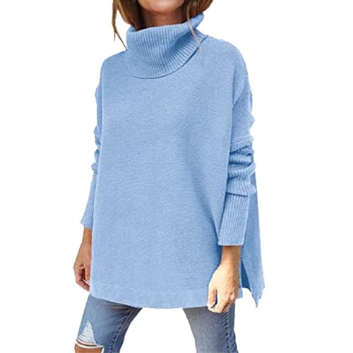 Generisch Rollkragenpullover Damen Oversized Winter Warm Bequem Strickpullover Elegant Einfarbig Rollkragen Pullover Stricken Pulli Lässige Locker Grobstrickpullover Langarm Sweater(A Blau,S) von Generisch