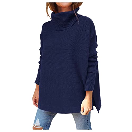 Generisch Rollkragenpullover Damen Oversized Winter Warm Bequem Strickpullover Elegant Einfarbig Rollkragen Pullover Stricken Pulli Lässige Locker Grobstrickpullover Langarm Sweater(B Marineblau,L) von Generisch