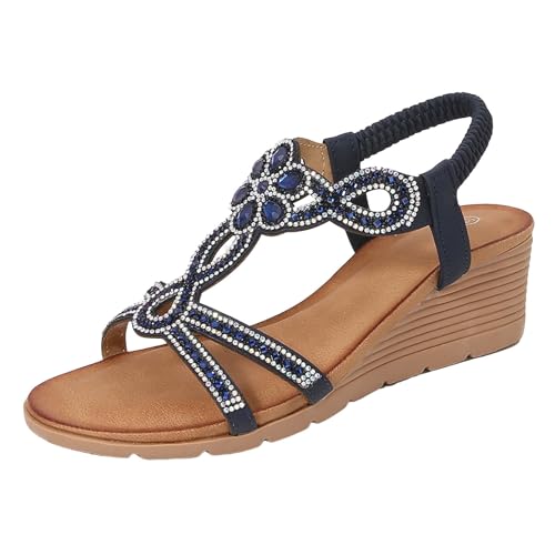 Generisch Sandalen Damen Sommer Elegant Flache Strass Bohemia T-Riemen Frauen Sandals Sandalette Mädchen Weichen Sohlen Sommerschuhe Glitzer Slingback Flip Flops Partyschuhe Klassische (Navy #3, 41) von Generisch