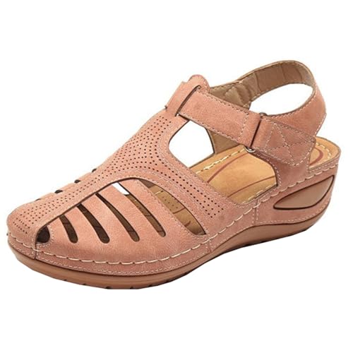 Generisch Sommer Damen PU-Leder Freizeit Runder Kopf Sandalen Anti-Rutsch Verschleißfest Strand Draußen Tragen Sandalen,Rosa,39 von Generisch