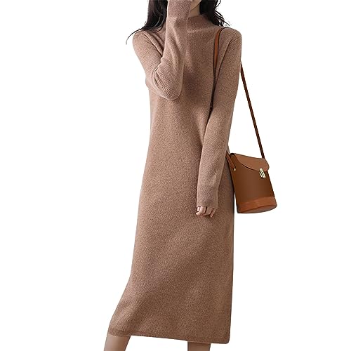 Generisch Strickkleid, Strickkleid Damen Winter Halbhoher Kragen Woll Elegant Lang Reine Farbe Pulloverkleid Herbst Sweater Dress Kleid Langarm Dress Women Outfit Set Pullover (XXL, Light Brown) von Generisch