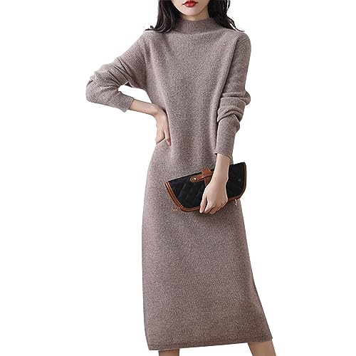 Generisch Strickkleid Damen Lang, Winter Halbhoher Kragen Woll Damen Elegant Lang Reine Farbe Pulloverkleid Herbst Sweater Dress Strickkleid Kleider Strick Pullikleid FüR Set Outfit (M, Camel) von Generisch