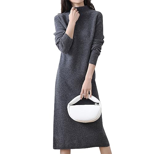 Generisch Strickkleid Damen Winter, Strickkleid Winter Halbhoher Kragen Woll Damen Elegant Lang Reine Farbe Pulloverkleid Herbst Sweater Dress Strick Kleid Rollkragen Pullover (M, Dark Gray) von Generisch