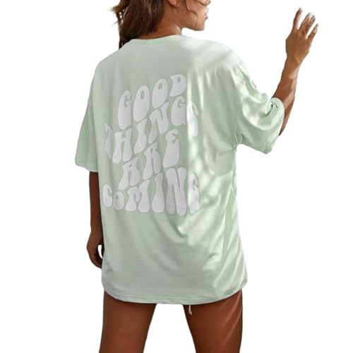 Generisch T-Shirt Damen Kurzarm Sport Sommer Oberteile Oversize Tshirt mit Buchstaben Muster Sweatshirt Lose Rundhals Rückendruck Bluse Sportshirt Teenager Mädchen Tunika Lang Top von Generisch