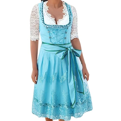 Generisch Trachtenkleid Damen Elegant Kurzärm Dirndlkleider Oktoberfest Trachtenkleid Rockabilly Tracht Set Spitzen Dirndlbluse und Dirndlschürze mit Satinband Teenager Mädchen Dirndl Kleider Damen von Generisch