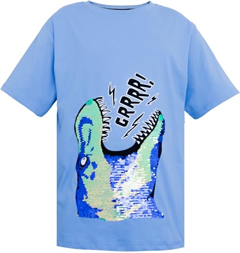 Generisch Trex Dino Kinder Jungen Jungs Wende Pailletten Lang T-Shirt Bluse Kurzarm Blau 122-128 von Generisch