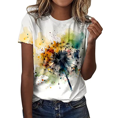 Generisch Tshirt Damen Weiß T-Shirt Damen Basic T Shirt Sommer Grafik Kurzarm Rundhals Tees Tops Blumen Motiv Bunte Bedruckt Casual Sommershirt Lose Lockere Lässige Oberteile Tshirts Baumwolle von Generisch