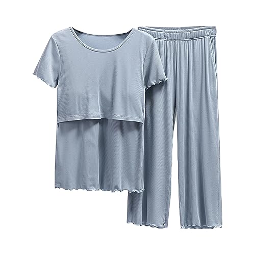 Generisch Umstands-Schlaf-Shirt, Schlafanzug, Ärmel, Nachtwäsche, Stillen, Damen-Shirt und Set, Baby, Umstands-Top, kurze Hose, Umstandsschlafanzug, Set, blau, 38 von Generisch